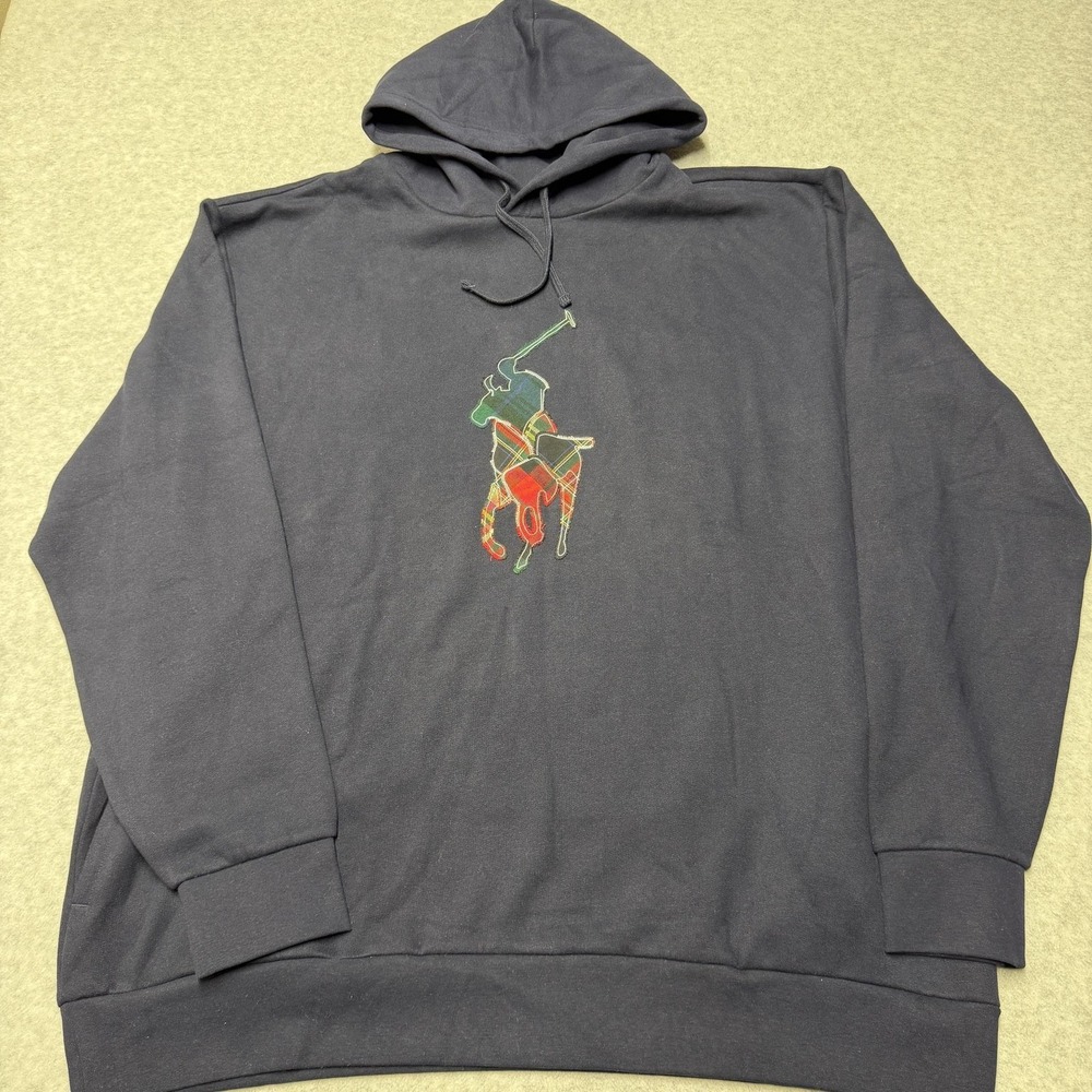 Polo Ralph Lauren Hoodie Mens 2XLT Blue Fleece Multicolor Big Pony Logo Pullover